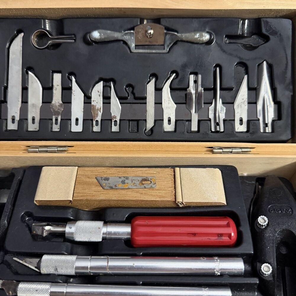 Vintage X-Acto Hobby Tool Set Wooden Box Knives Blades Plane Spoke Shave